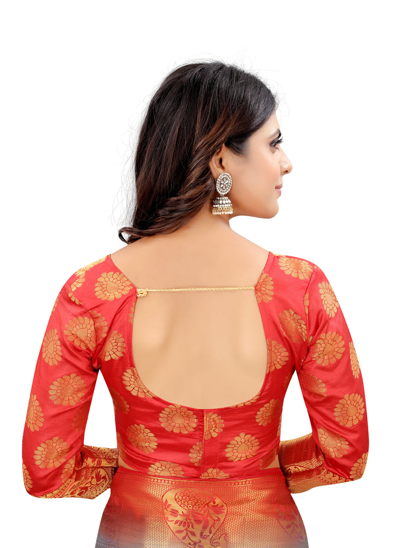 GREY-RED JACQUARD BALATON SILK SAREE WITH GOLD JARI BUTTI