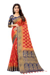 RED-NAVY BLUE JACQUARD BALATON SILK SAREE WITH GOLD JARI BUTTI