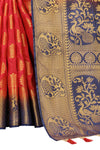 RED-NAVY BLUE JACQUARD BALATON SILK SAREE WITH GOLD JARI BUTTI
