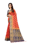 RED-NAVY BLUE JACQUARD BALATON SILK SAREE WITH GOLD JARI BUTTI
