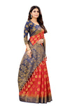 RED-NAVY BLUE JACQUARD BALATON SILK SAREE WITH GOLD JARI BUTTI