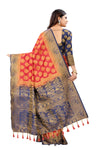 RED-NAVY BLUE JACQUARD BALATON SILK SAREE WITH GOLD JARI BUTTI
