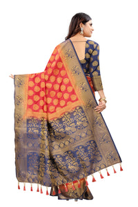 RED-NAVY BLUE JACQUARD BALATON SILK SAREE WITH GOLD JARI BUTTI