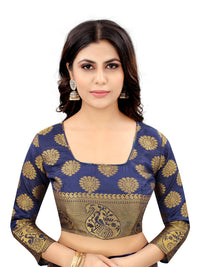 RED-NAVY BLUE JACQUARD BALATON SILK SAREE WITH GOLD JARI BUTTI