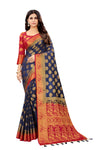 ROYAL BLUE-RED JACQUARD BALATON SILK SAREE WITH GOLD JARI BUTTI