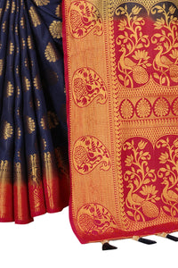 ROYAL BLUE-RED JACQUARD BALATON SILK SAREE WITH GOLD JARI BUTTI