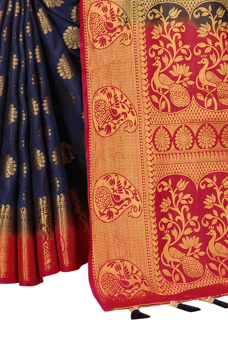 ROYAL BLUE-RED JACQUARD BALATON SILK SAREE WITH GOLD JARI BUTTI