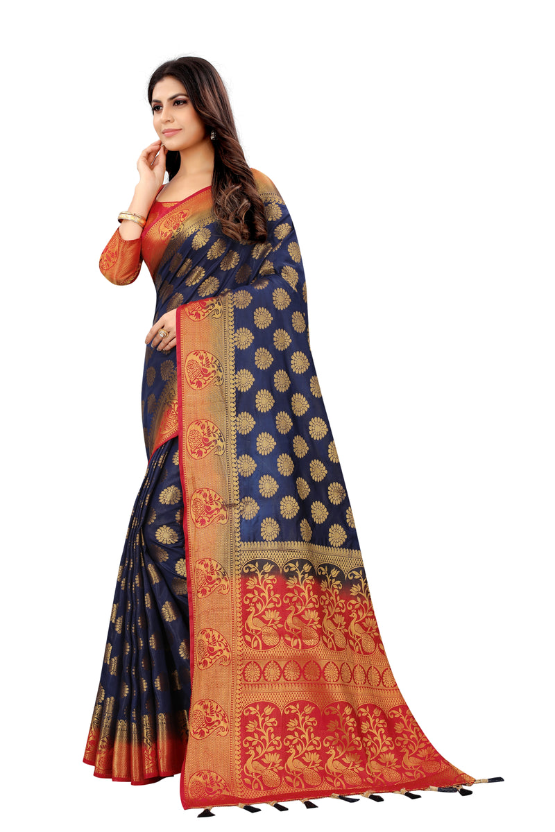 ROYAL BLUE-RED JACQUARD BALATON SILK SAREE WITH GOLD JARI BUTTI