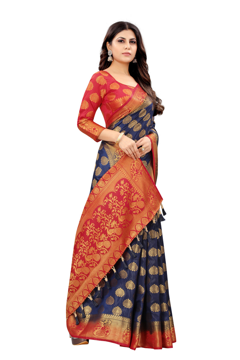 ROYAL BLUE-RED JACQUARD BALATON SILK SAREE WITH GOLD JARI BUTTI