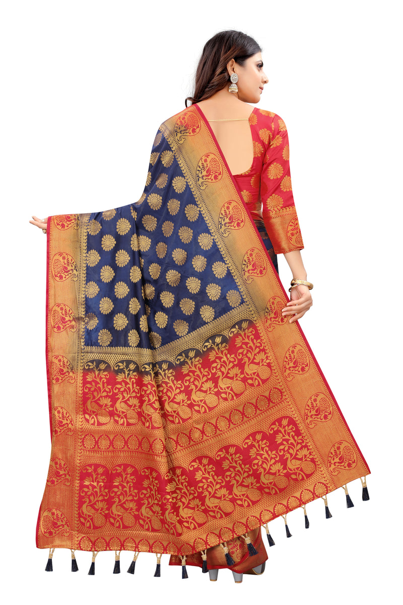 ROYAL BLUE-RED JACQUARD BALATON SILK SAREE WITH GOLD JARI BUTTI