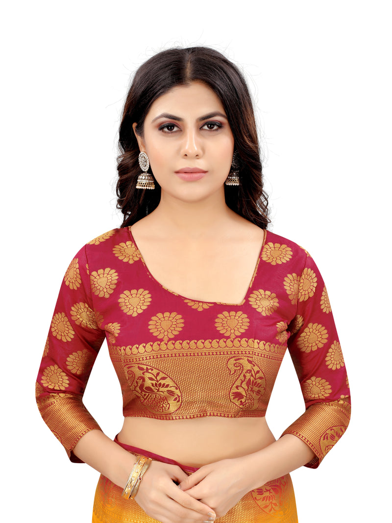 ROYAL BLUE-RED JACQUARD BALATON SILK SAREE WITH GOLD JARI BUTTI