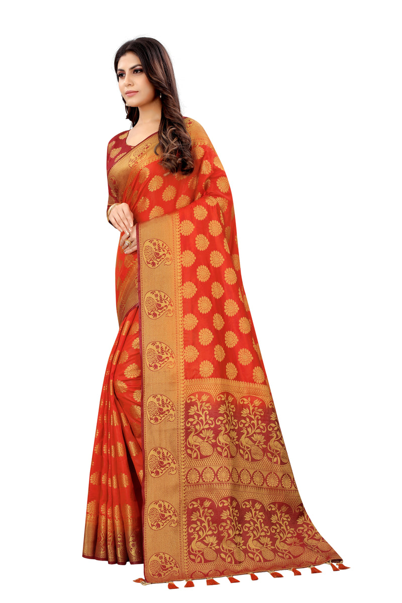 RUST-MARRON JACQUARD BALATON SILK SAREE WITH GOLD JARI BUTTI