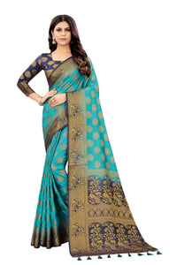 SKY-NAVY BLUE JACQUARD BALATON SILK SAREE WITH GOLD JARI BUTTI
