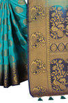 SKY-NAVY BLUE JACQUARD BALATON SILK SAREE WITH GOLD JARI BUTTI