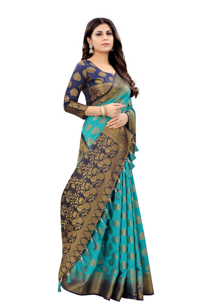 SKY-NAVY BLUE JACQUARD BALATON SILK SAREE WITH GOLD JARI BUTTI