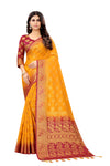 YELLOW-RED JACQUARD BALATON SILK SAREE WITH GOLD JARI BUTTI