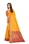 YELLOW-RED JACQUARD BALATON SILK SAREE WITH GOLD JARI BUTTI