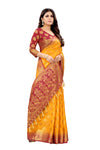 YELLOW-RED JACQUARD BALATON SILK SAREE WITH GOLD JARI BUTTI