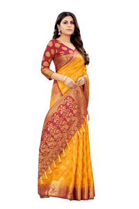 YELLOW-RED JACQUARD BALATON SILK SAREE WITH GOLD JARI BUTTI