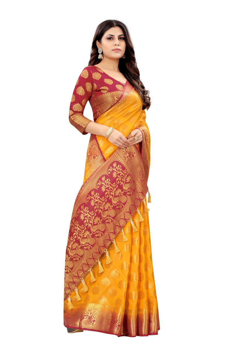 YELLOW-RED JACQUARD BALATON SILK SAREE WITH GOLD JARI BUTTI