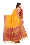 YELLOW-RED JACQUARD BALATON SILK SAREE WITH GOLD JARI BUTTI