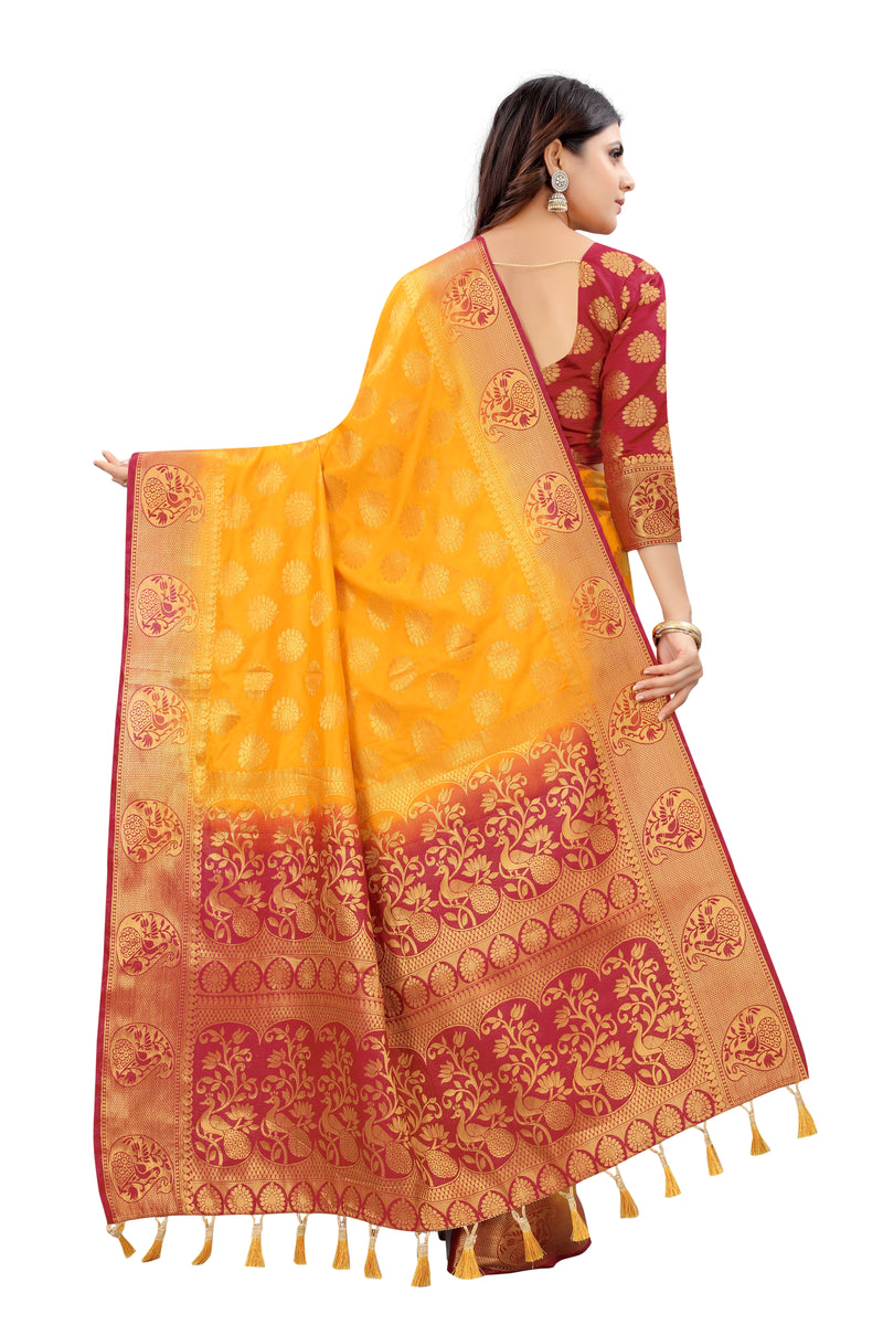 YELLOW-RED JACQUARD BALATON SILK SAREE WITH GOLD JARI BUTTI