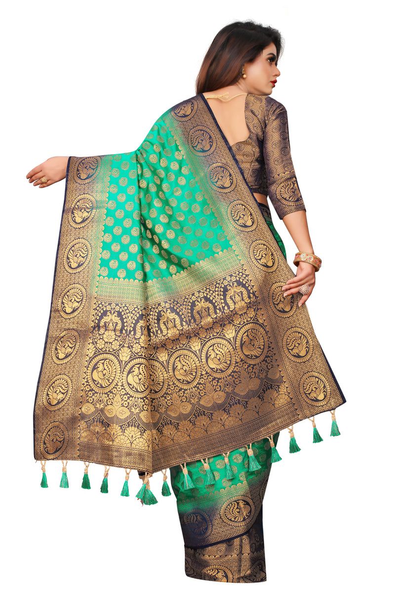 RAMA-NAVY BLUE JACQUARD BALATON SILK SAREE WITH GOLD JARI BUTTI