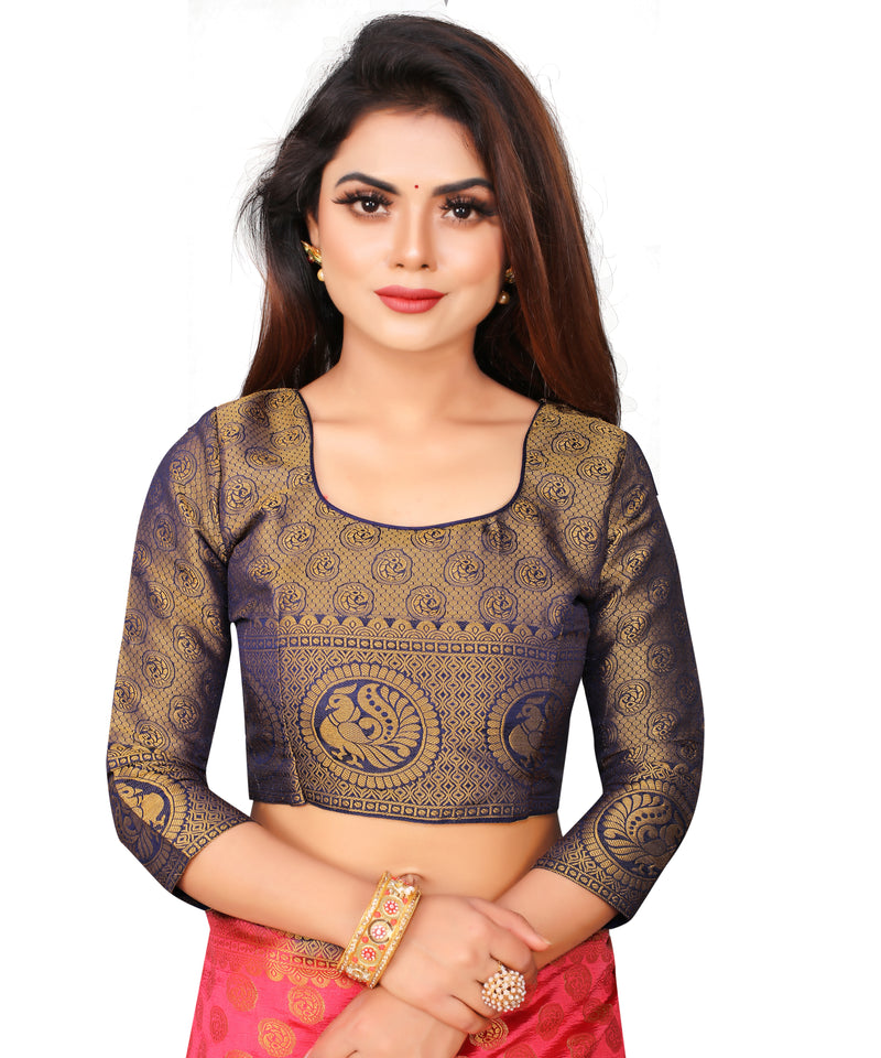 RAMA-NAVY BLUE JACQUARD BALATON SILK SAREE WITH GOLD JARI BUTTI