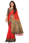 RED-NAVY BLUE JACQUARD BALATON SILK SAREE WITH GOLD JARI BUTTI