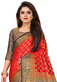 RED-NAVY BLUE JACQUARD BALATON SILK SAREE WITH GOLD JARI BUTTI