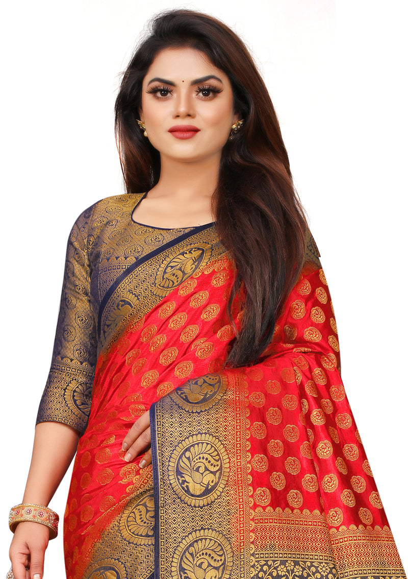 RED-NAVY BLUE JACQUARD BALATON SILK SAREE WITH GOLD JARI BUTTI