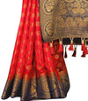 RED-NAVY BLUE JACQUARD BALATON SILK SAREE WITH GOLD JARI BUTTI