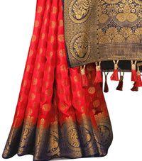 RED-NAVY BLUE JACQUARD BALATON SILK SAREE WITH GOLD JARI BUTTI