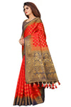RED-NAVY BLUE JACQUARD BALATON SILK SAREE WITH GOLD JARI BUTTI