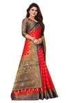 RED-NAVY BLUE JACQUARD BALATON SILK SAREE WITH GOLD JARI BUTTI