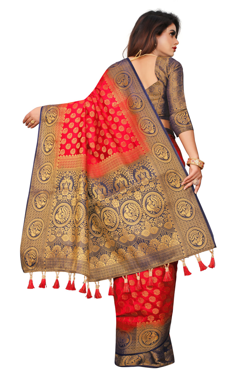 RED-NAVY BLUE JACQUARD BALATON SILK SAREE WITH GOLD JARI BUTTI