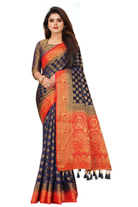 ROYAL BLUE-RED JACQUARD BALATON SILK SAREE WITH GOLD JARI BUTTI