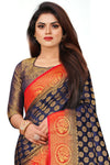 ROYAL BLUE-RED JACQUARD BALATON SILK SAREE WITH GOLD JARI BUTTI