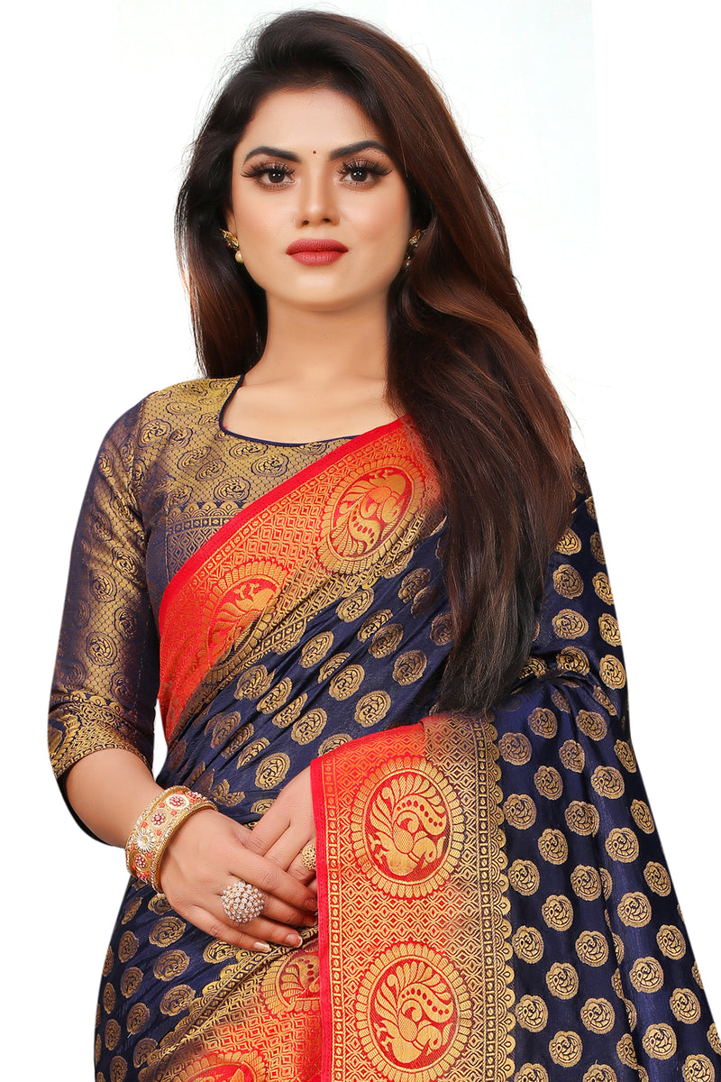 ROYAL BLUE-RED JACQUARD BALATON SILK SAREE WITH GOLD JARI BUTTI