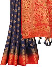 ROYAL BLUE-RED JACQUARD BALATON SILK SAREE WITH GOLD JARI BUTTI