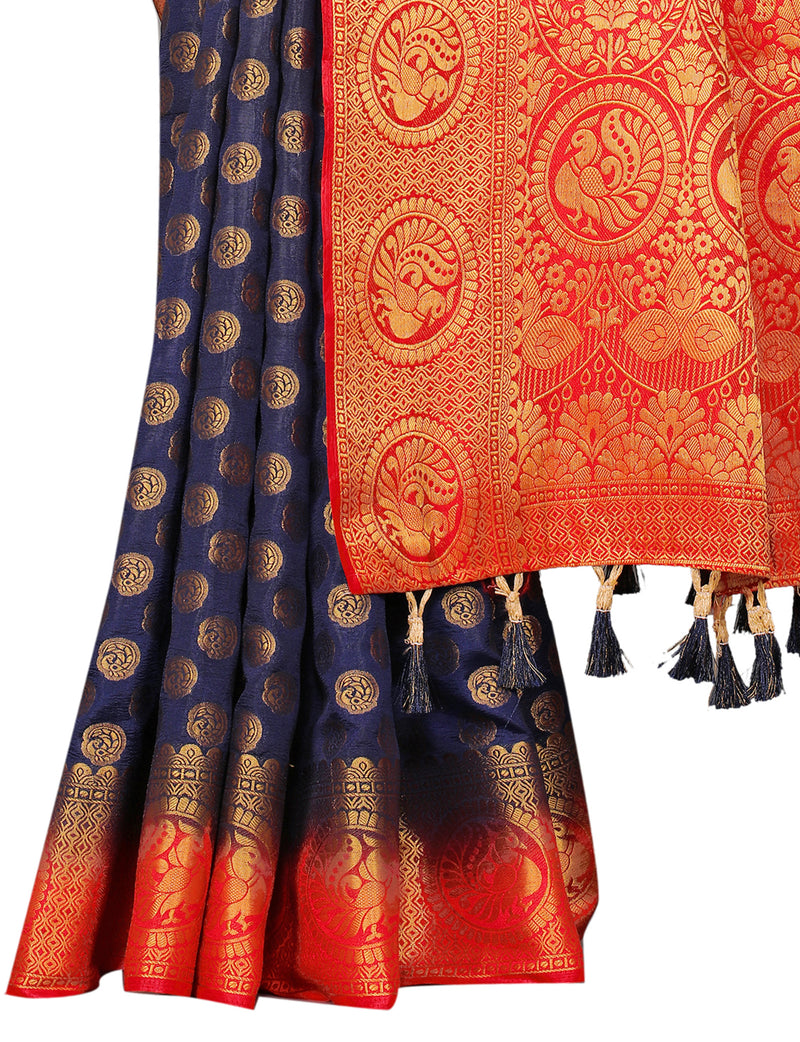 ROYAL BLUE-RED JACQUARD BALATON SILK SAREE WITH GOLD JARI BUTTI
