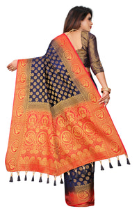 ROYAL BLUE-RED JACQUARD BALATON SILK SAREE WITH GOLD JARI BUTTI