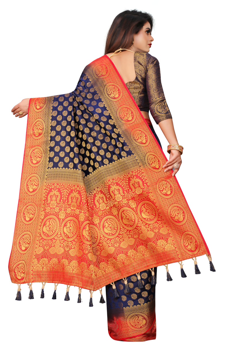 ROYAL BLUE-RED JACQUARD BALATON SILK SAREE WITH GOLD JARI BUTTI