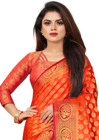 RUST-RED JACQUARD BALATON SILK SAREE WITH GOLD JARI BUTTI