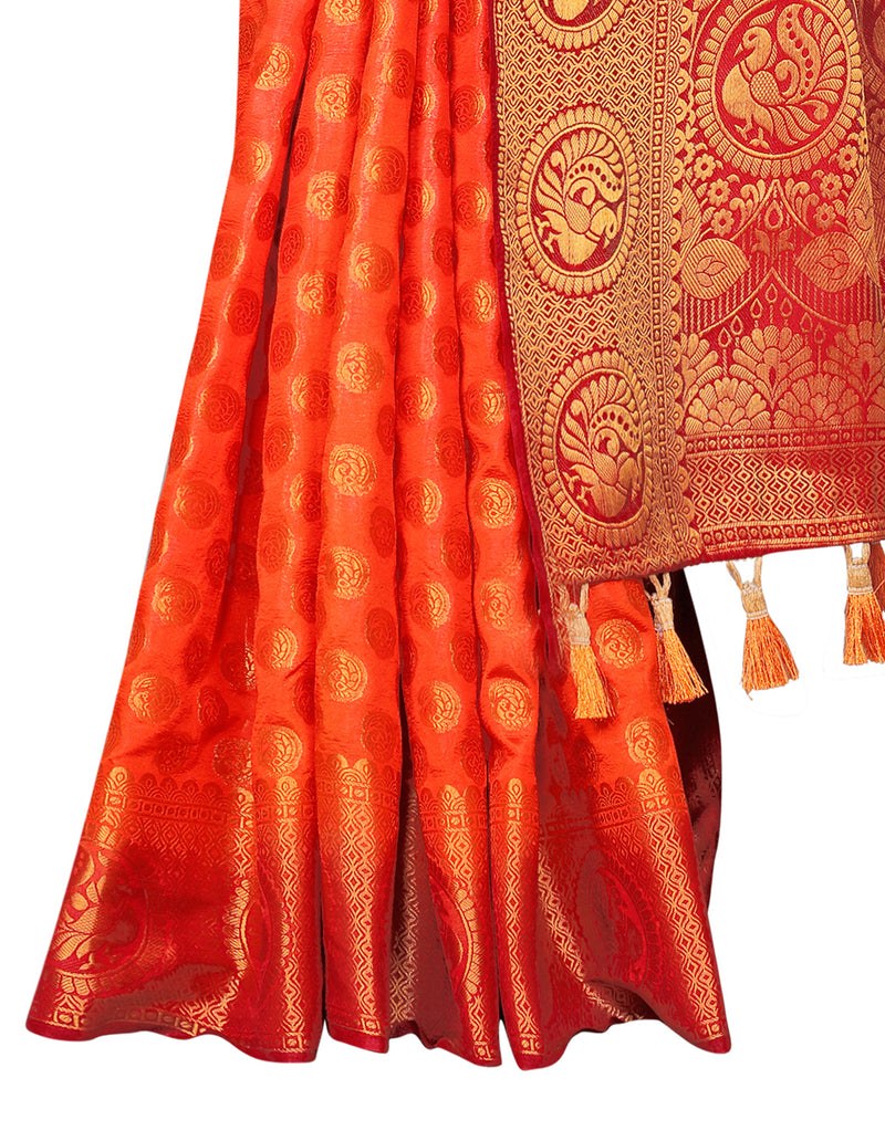 RUST-RED JACQUARD BALATON SILK SAREE WITH GOLD JARI BUTTI