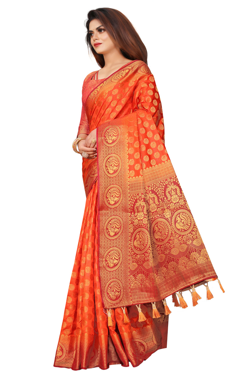 RUST-RED JACQUARD BALATON SILK SAREE WITH GOLD JARI BUTTI