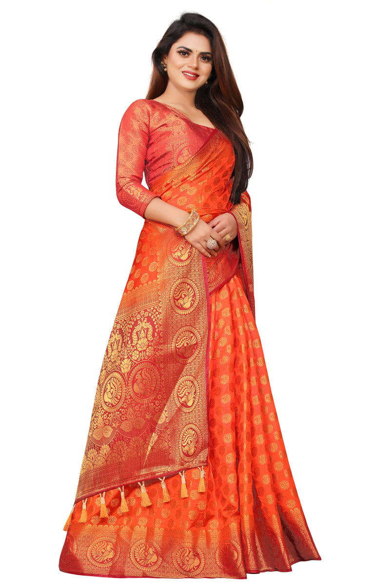 RUST-RED JACQUARD BALATON SILK SAREE WITH GOLD JARI BUTTI