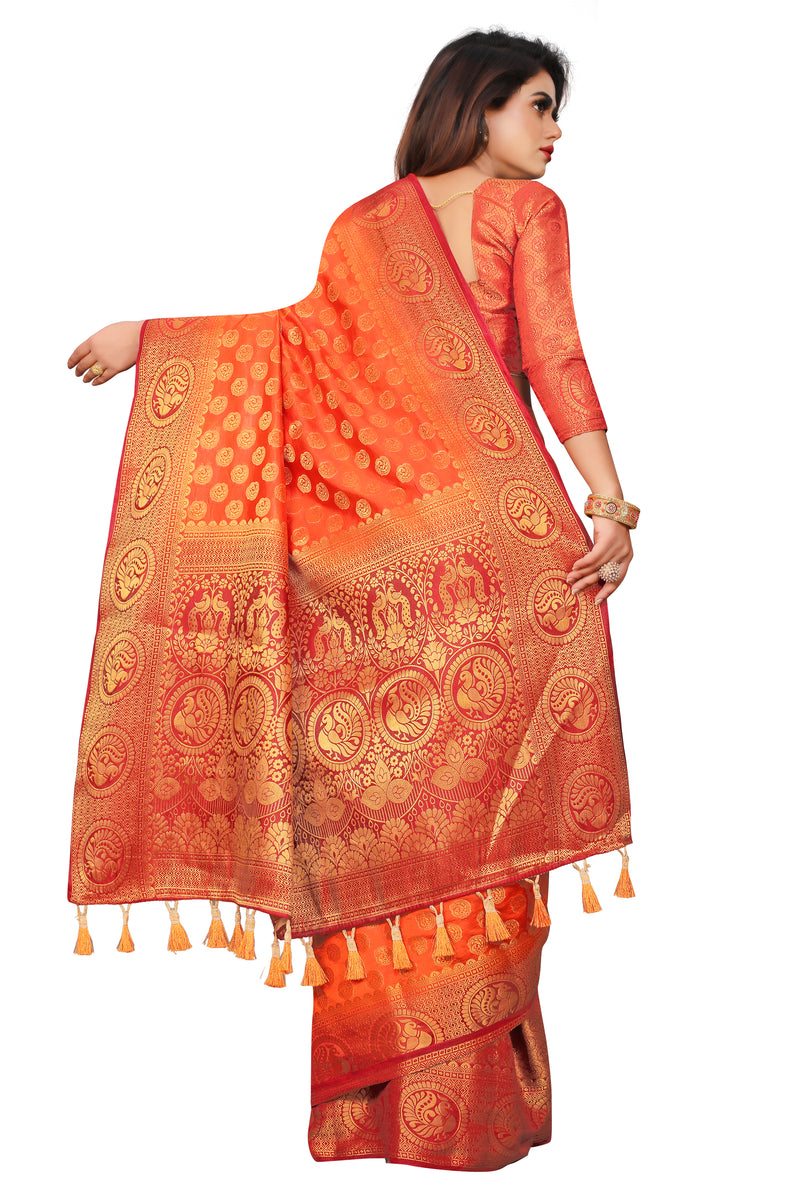 RUST-RED JACQUARD BALATON SILK SAREE WITH GOLD JARI BUTTI
