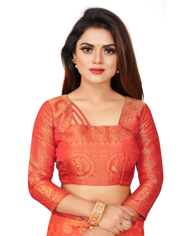 RUST-RED JACQUARD BALATON SILK SAREE WITH GOLD JARI BUTTI