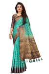 SKY-NAVY BLUE JACQUARD BALATON SILK SAREE WITH GOLD JARI BUTTI